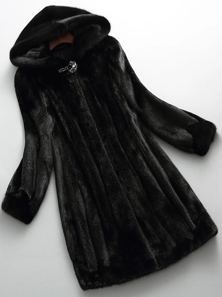 Women's black faux fur hooded coat with long sleeves and flared mid-calf shape