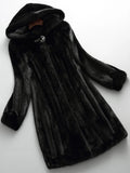 Women's black faux fur hooded coat with long sleeves and flared mid-calf shape