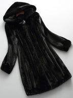 Women's black faux fur hooded coat with long sleeves and flared mid-calf shape