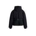 Women's hooded quilted ski jacket with belted waist and long sleeves