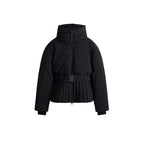 Women's hooded quilted ski jacket with belted waist and long sleeves