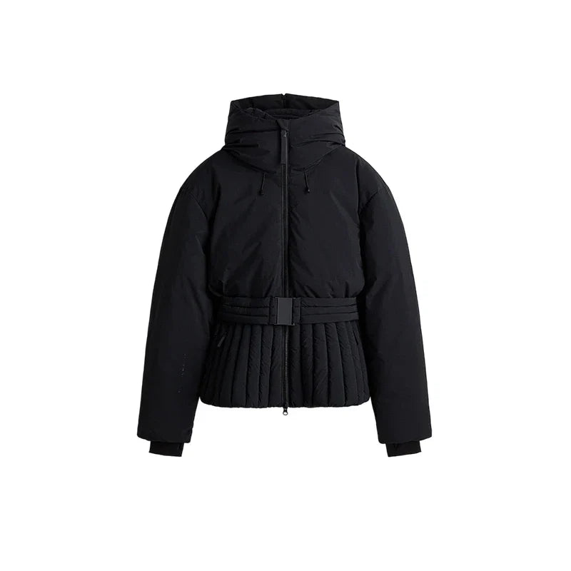 Women's hooded quilted ski jacket with belted waist and long sleeves
