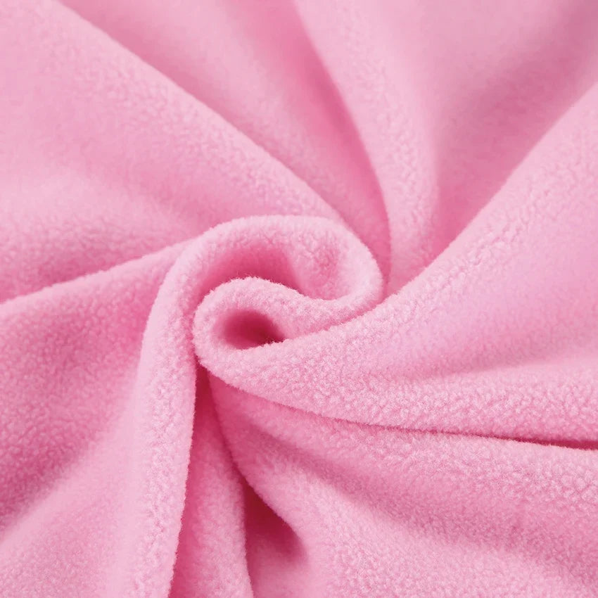 Women's pink fleece half-zip pullover with stand collar and long sleeves