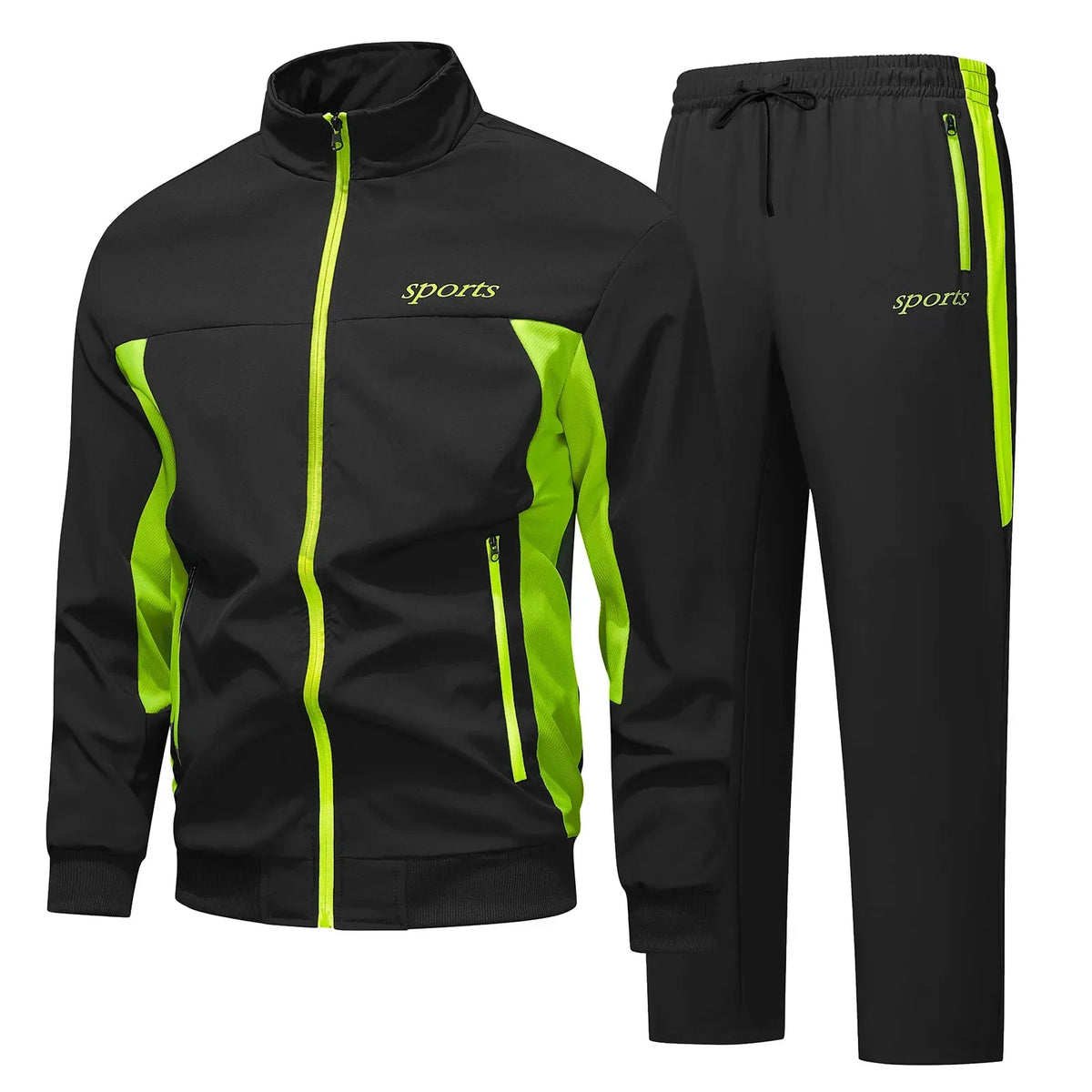 Men's sports tracksuit set with zip jacket, contrast panels and drawstring trousers