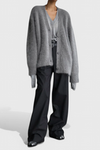 Women's relaxed V-neck button-front cardigan with long sleeves and ribbed trims