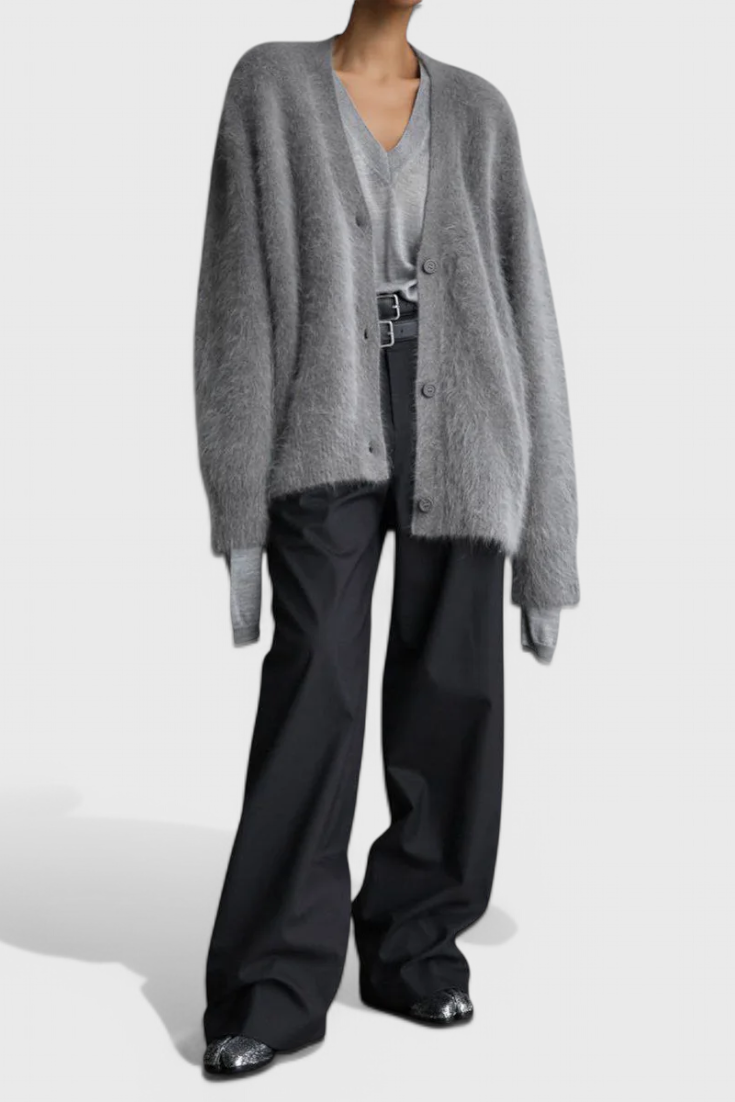 Women's relaxed V-neck button-front cardigan with long sleeves and ribbed trims