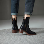 Women's ankle boots with side zips, almond toes and ribbed block heels