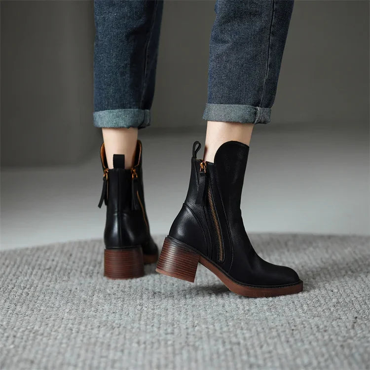 Women's ankle boots with side zips, almond toes and ribbed block heels