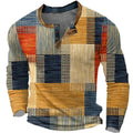 Men's long-sleeve geometric patchwork Henley shirt with button placket