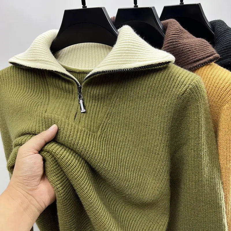 Men's ribbed quarter-zip funnel neck jumper with long sleeves