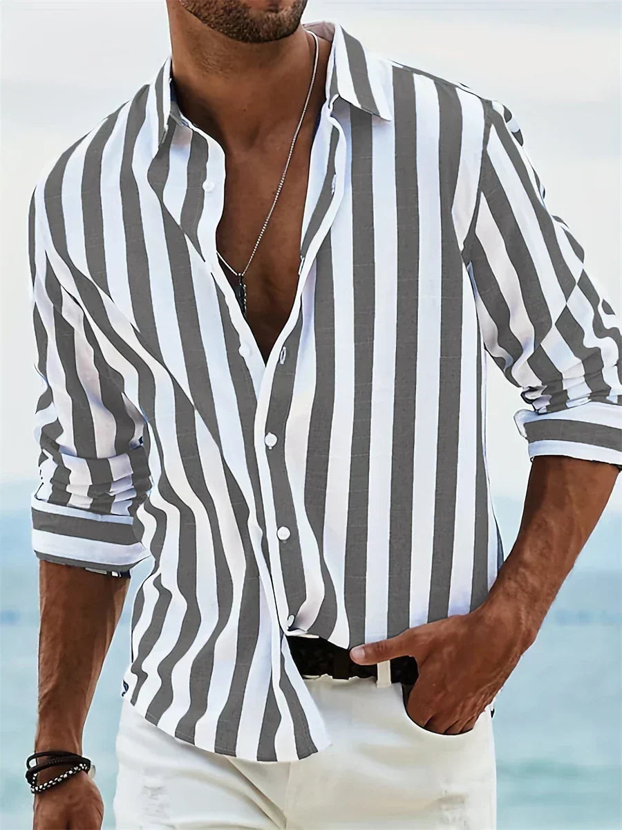 Men's striped collared shirt with rolled long sleeves and button front