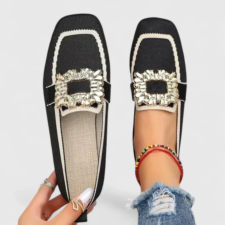 Women's square-toe loafers with ornate rectangular buckle and contrast trim
