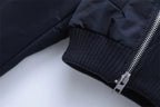 Women's navy cropped bomber jacket with ribbed collar and full zip