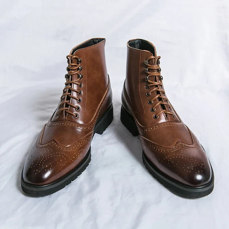 Men's ankle brogue boots with lace-up fronts, perforated detailing and low heels