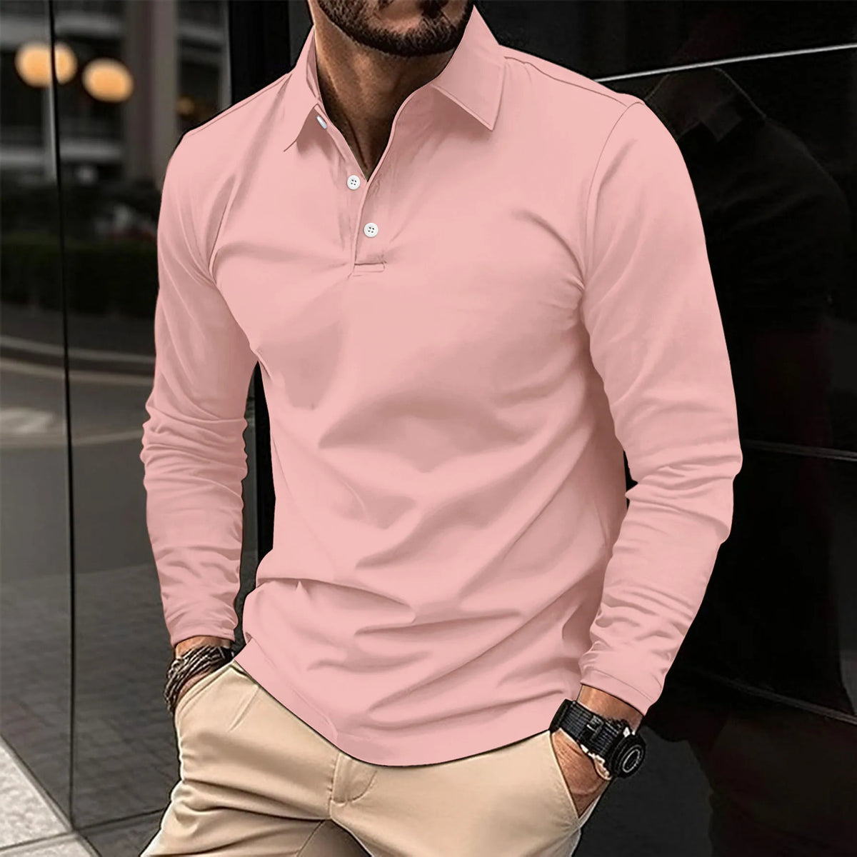 Men's long sleeve polo shirt with pointed collar and button placket