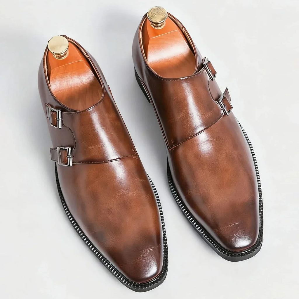Men's double monk loafers with polished finish and twin buckle straps