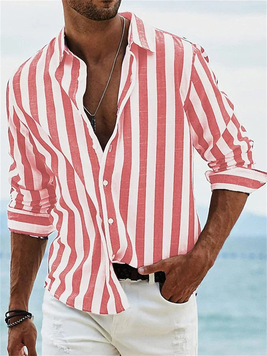 Men's striped collared shirt with rolled long sleeves and button front