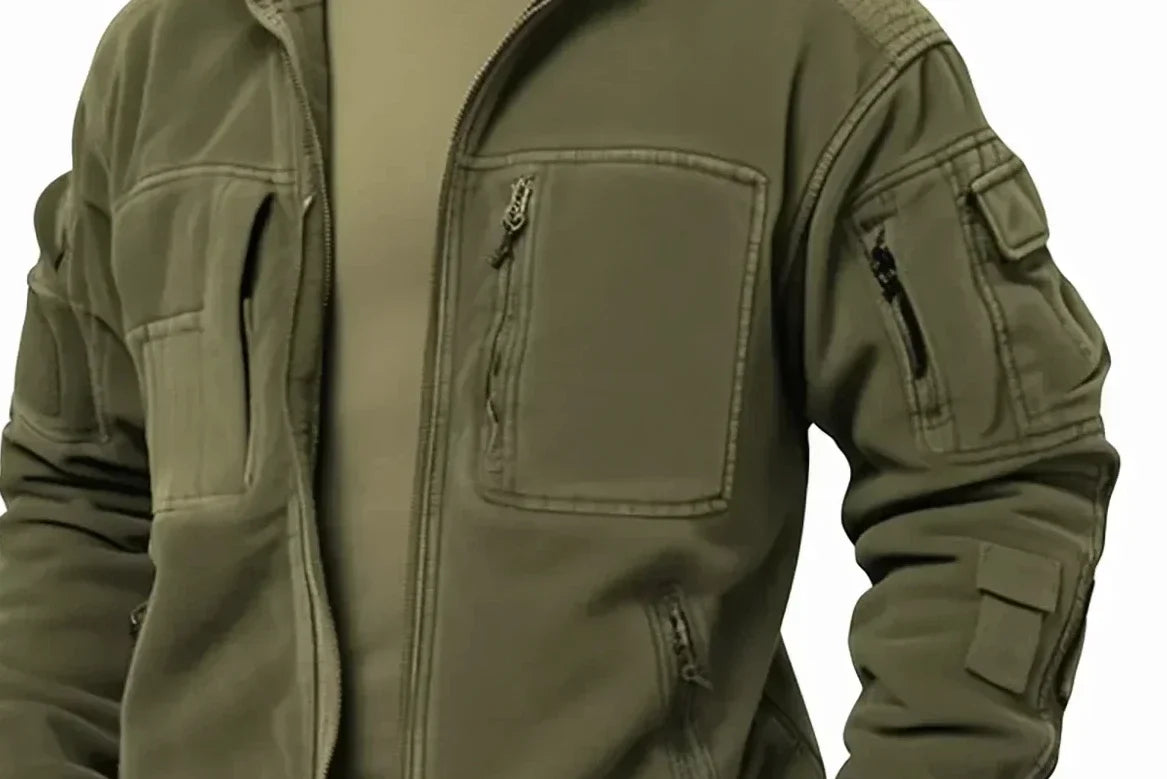 Men's green utility jacket with high collar, front zip and multiple pockets