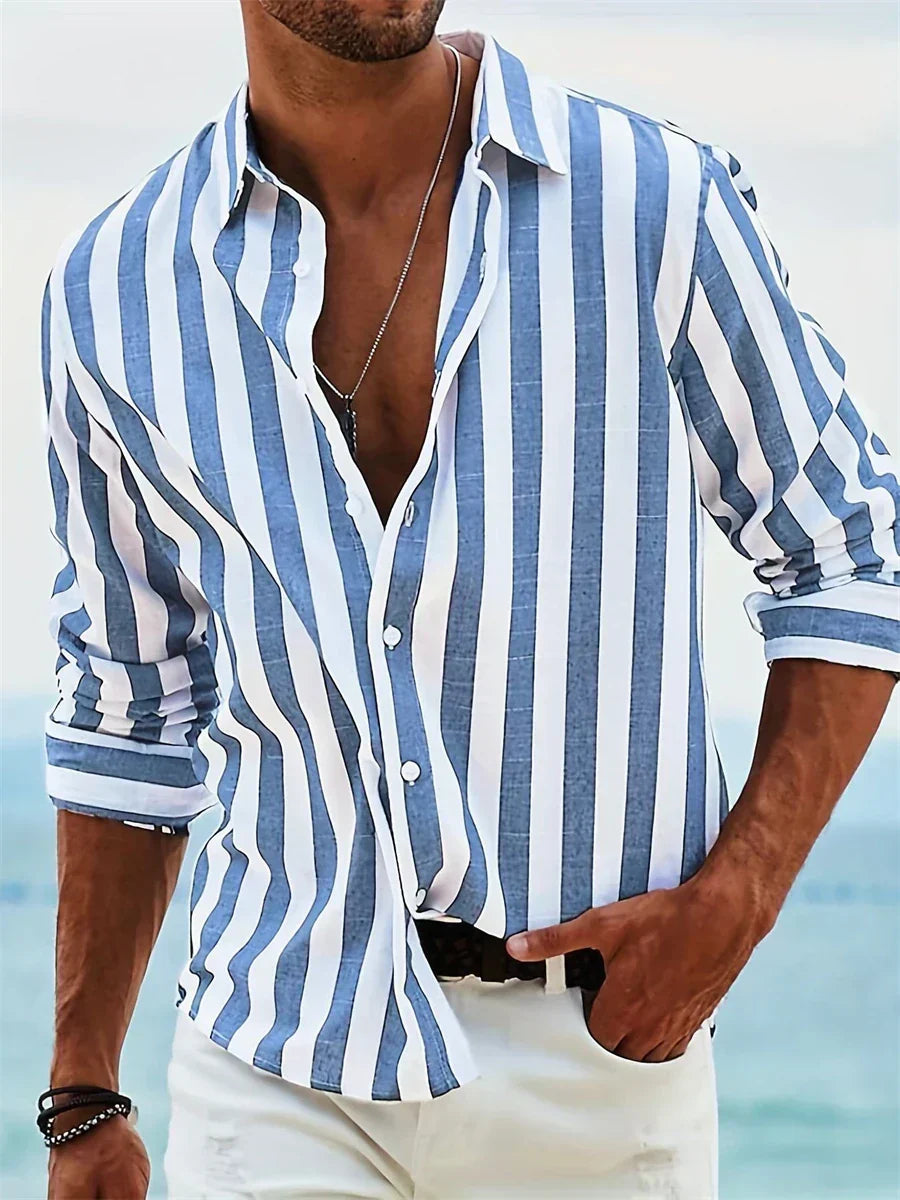 Men's striped collared shirt with rolled long sleeves and button front