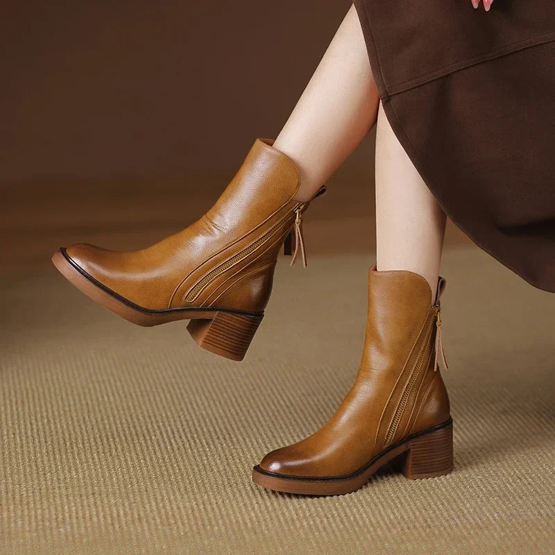 Women's ankle boots with side zips, almond toes and ribbed block heels