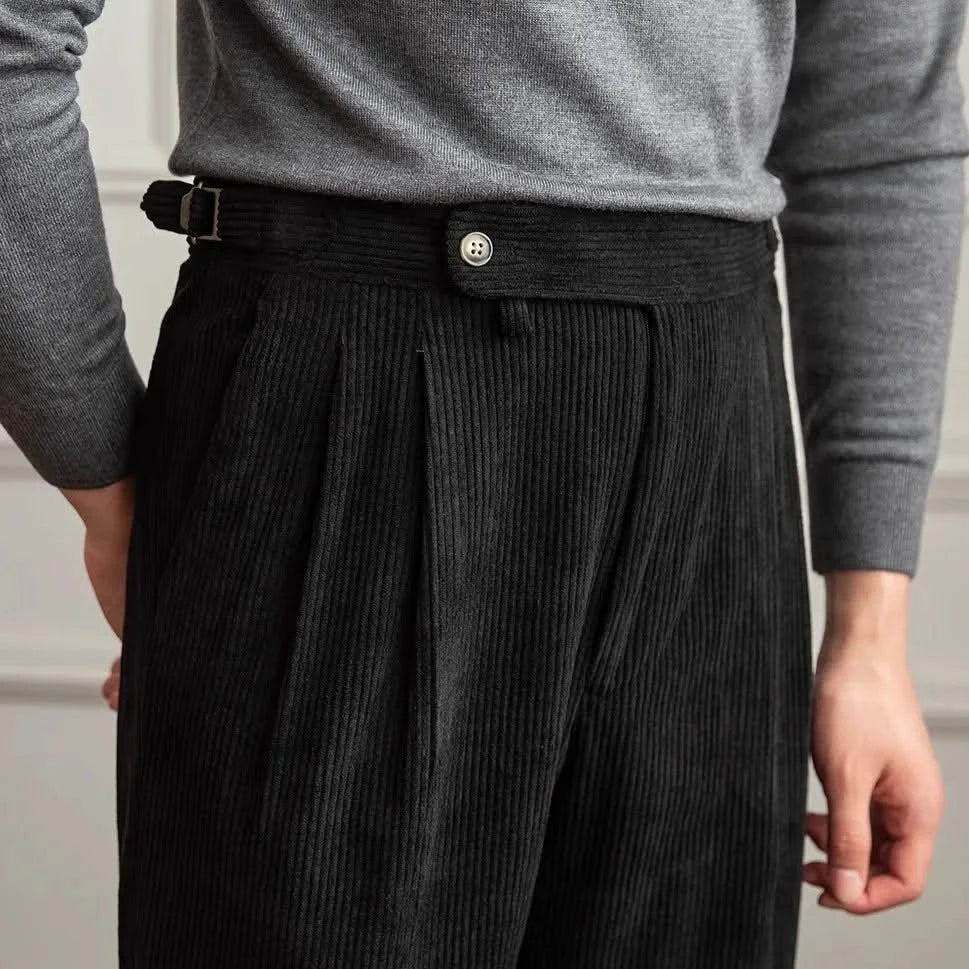 Women's pleated wide-leg corduroy trousers with high waistband and side pockets