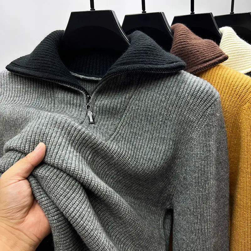 Men's ribbed quarter-zip funnel neck jumper with long sleeves