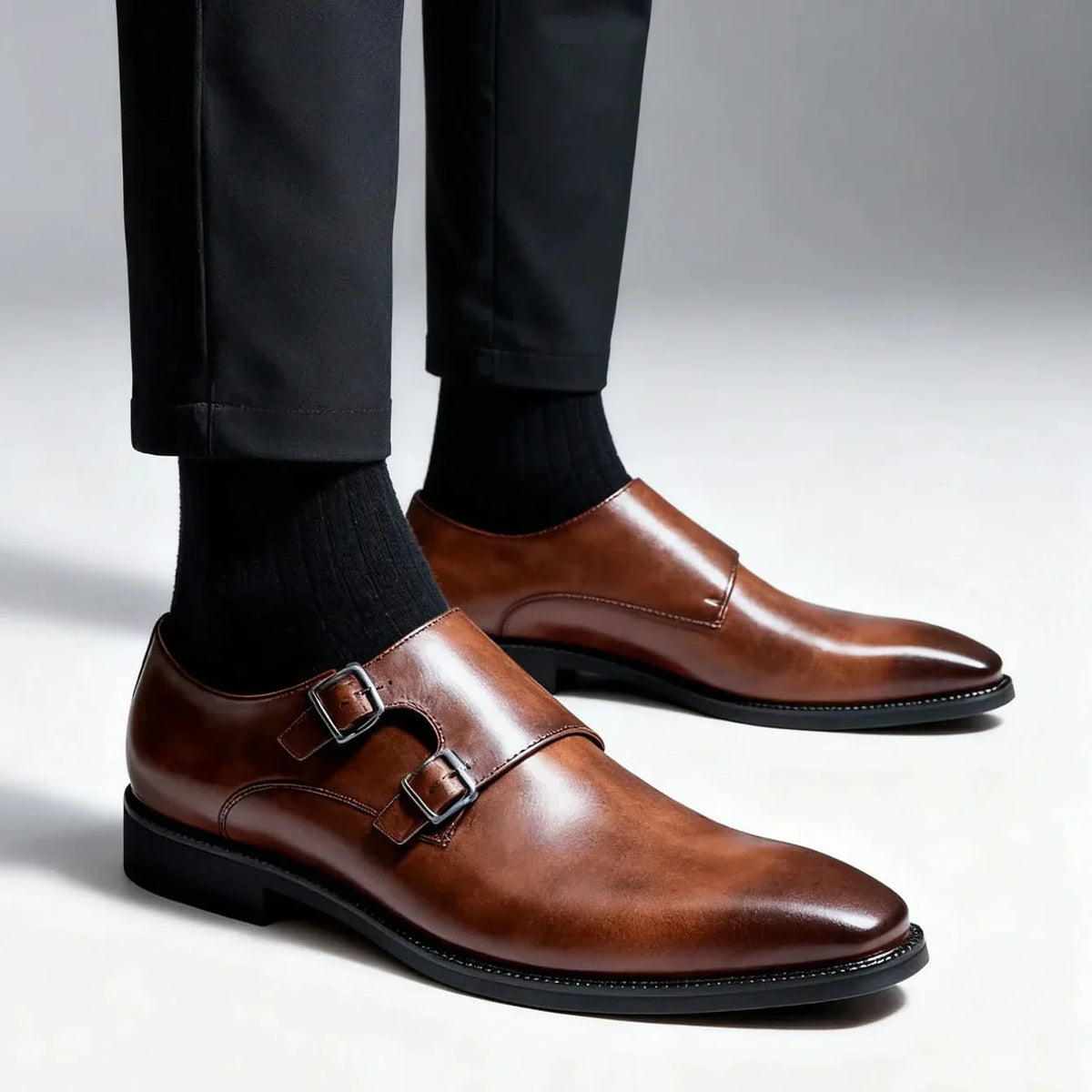 Men's double monk loafers with polished finish and twin buckle straps