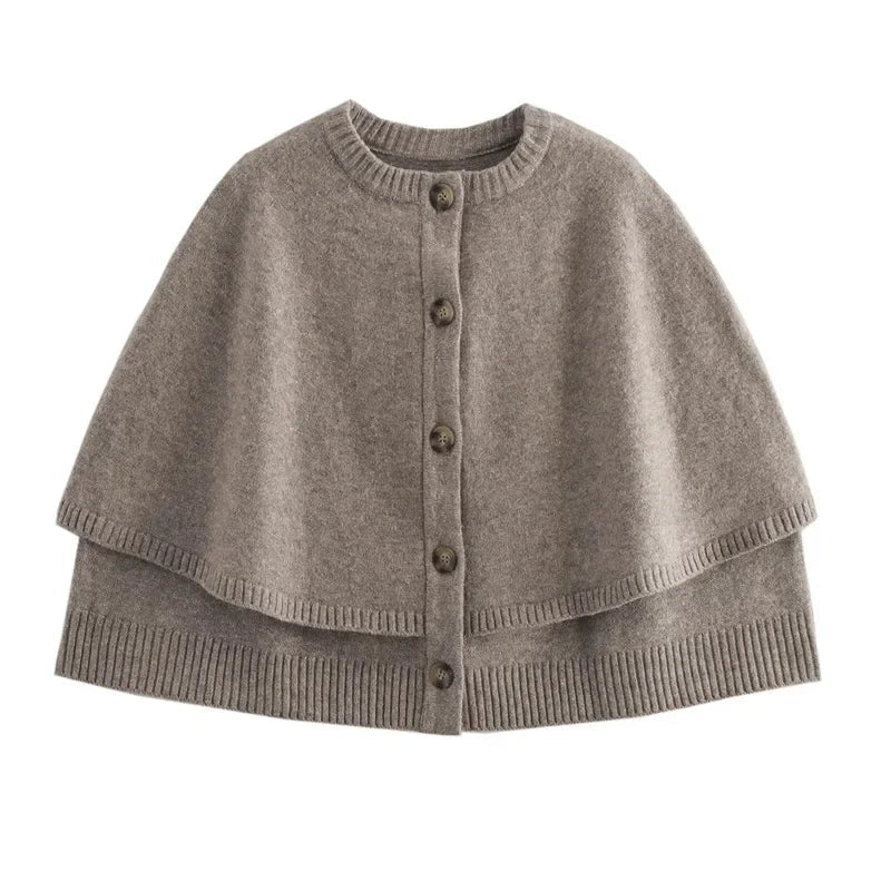 Women's khaki knitted cape cardigan with button front and ribbed trims
