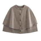 Women's khaki knitted cape cardigan with button front and ribbed trims