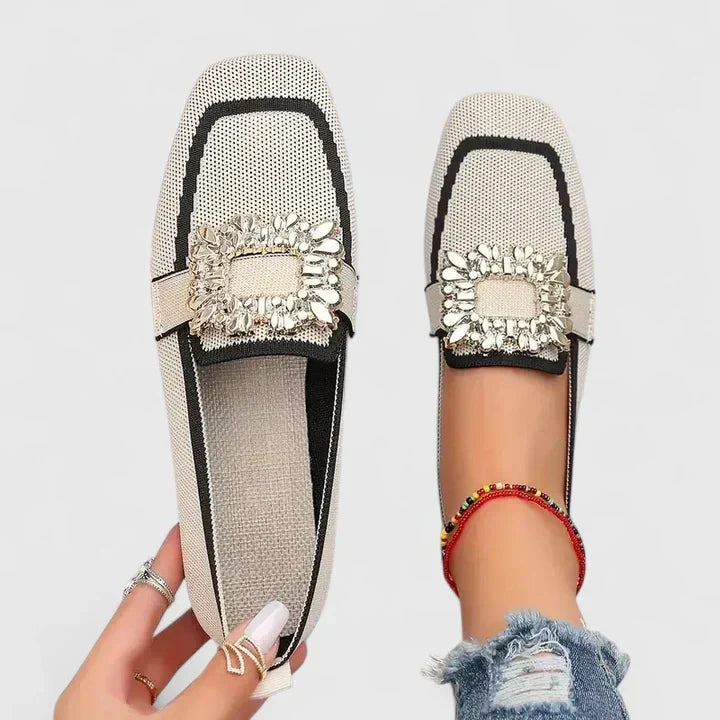 Women's square-toe loafers with decorative buckles and contrast trim