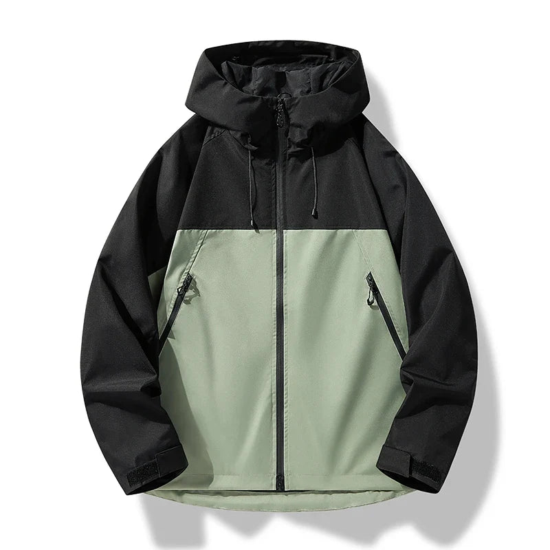 Men's hooded shell jacket with zip front and angled zipped pockets