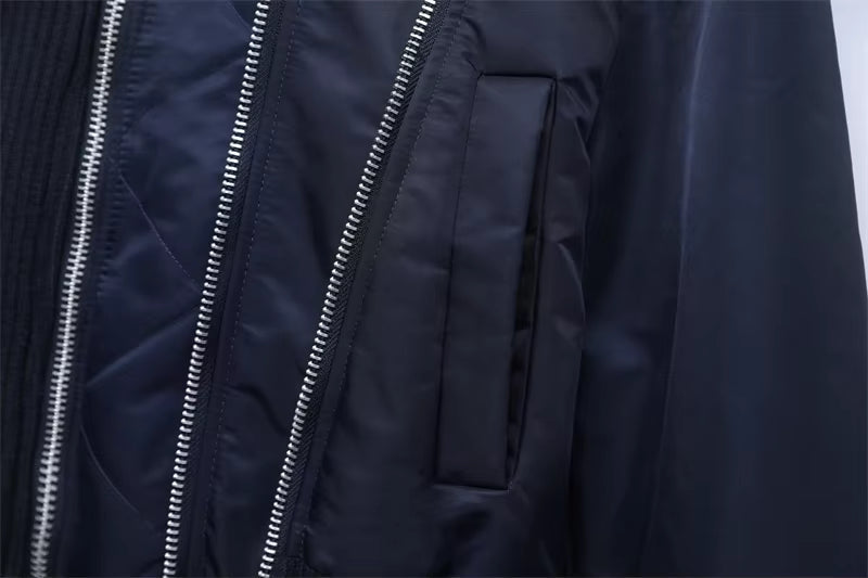 Women's navy cropped bomber jacket with ribbed collar and full zip