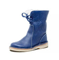 Lace-up mid-calf boots with round toes, stitched panels and flat soles