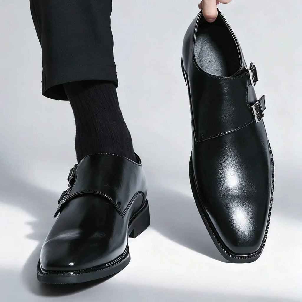 Men's double monk loafers with polished finish and twin buckle straps