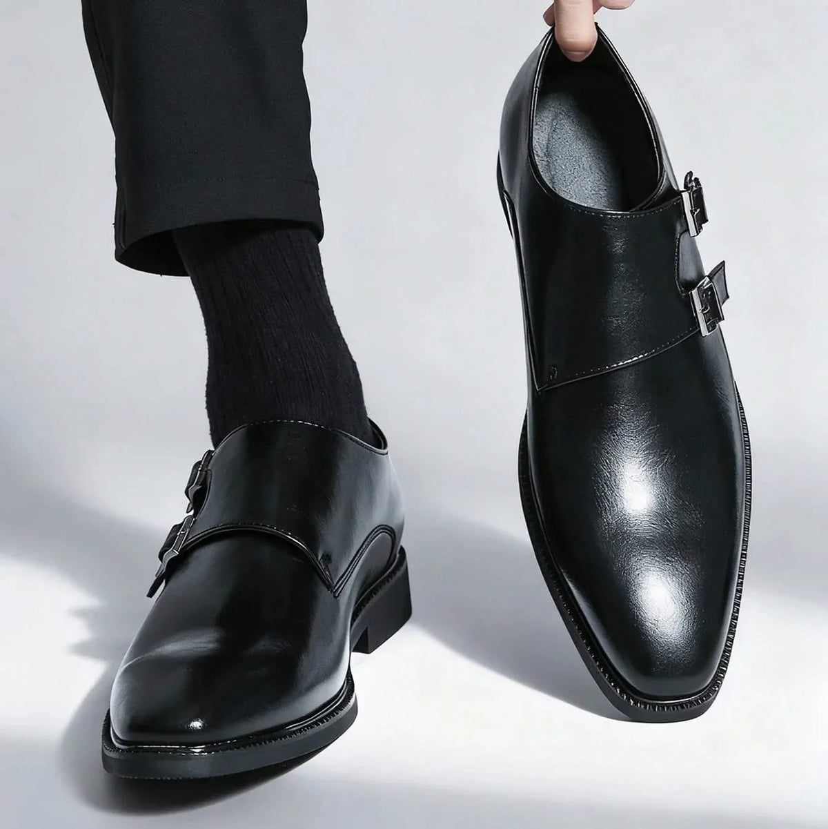 Men's double monk loafers with polished finish and twin buckle straps