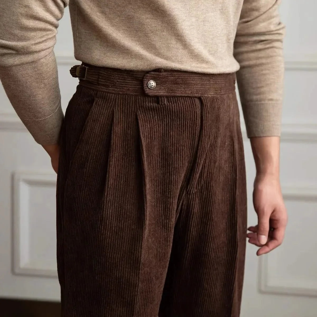 Women's pleated wide-leg corduroy trousers with high waistband and side pockets