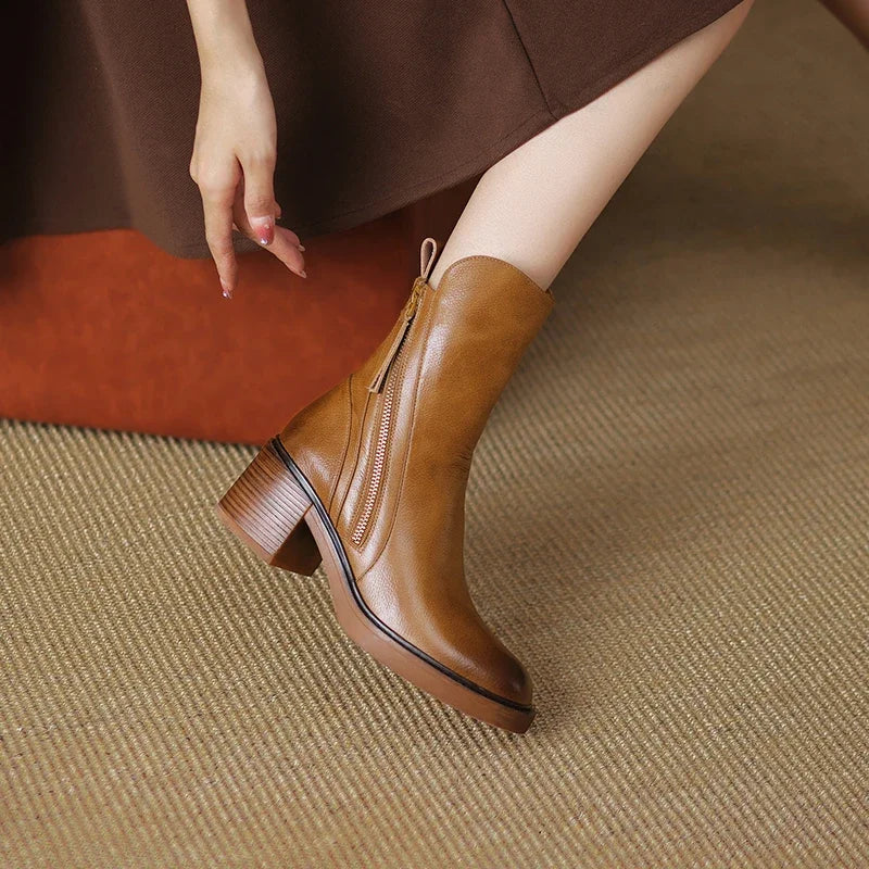 Women's ankle boots with side zips, almond toes and ribbed block heels
