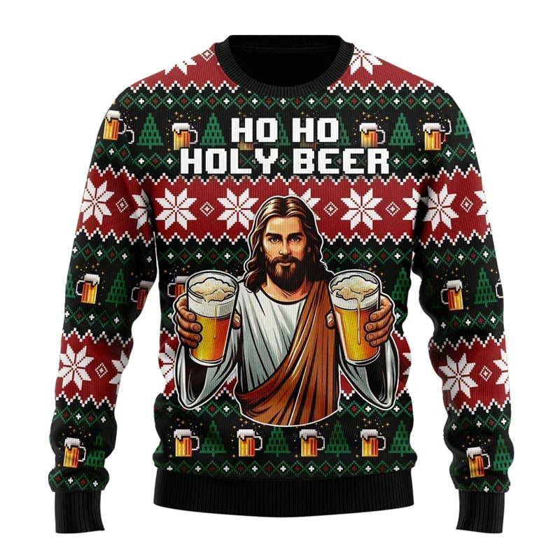 Men's festive Christmas jumper with beer graphics, long sleeves and ribbed trims