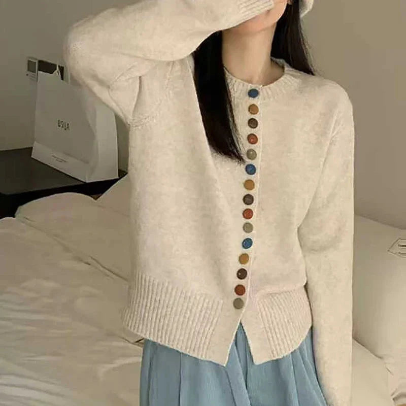 Women's long-sleeve button front cardigan with ribbed trims and multicoloured buttons