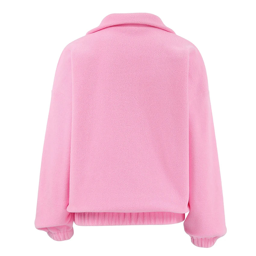 Women's pink fleece half-zip pullover with stand collar and long sleeves
