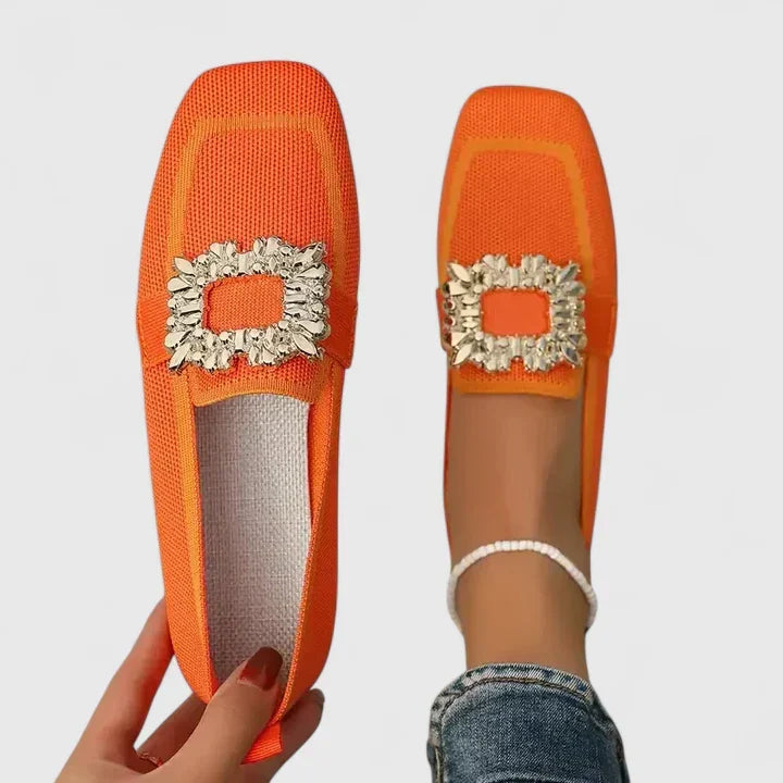 Women's square-toe loafers with decorative buckles and contrast trim