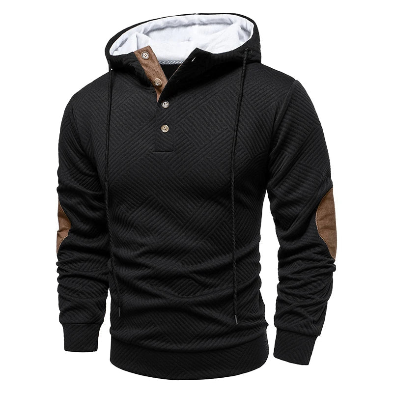 Men's textured geometric hoodie with drawstring hood, button placket and contrast elbow patches