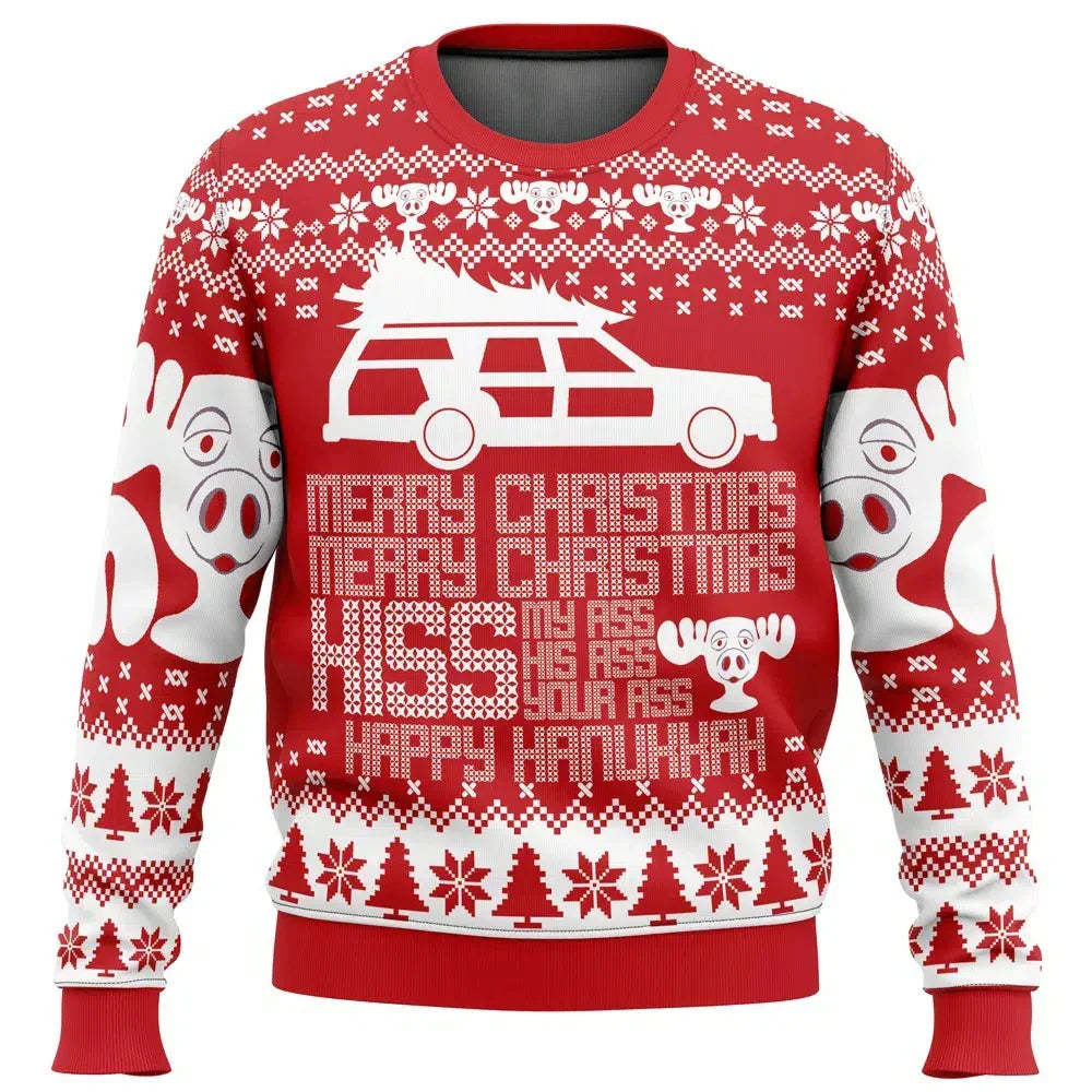 Men's long-sleeved Christmas ski graphic jumper with crew neck and ribbed trims