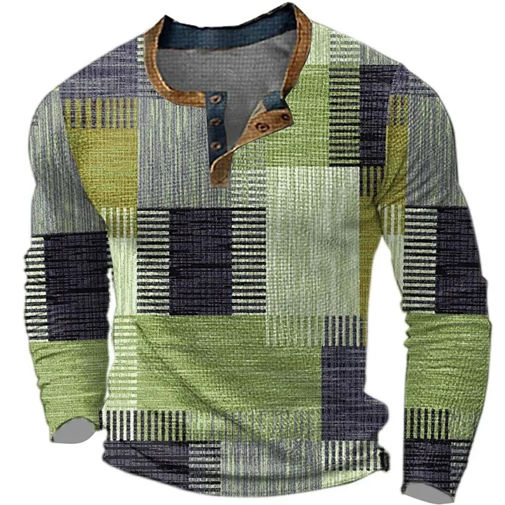 Men's long-sleeve geometric patchwork Henley shirt with button placket