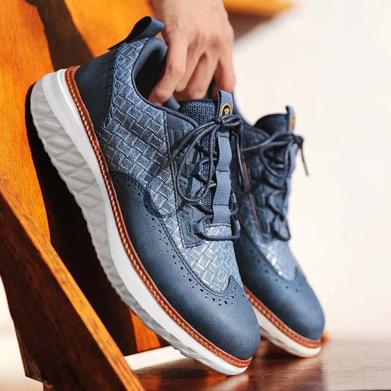 Textured lace-up trainers with round toe and layered flat sole