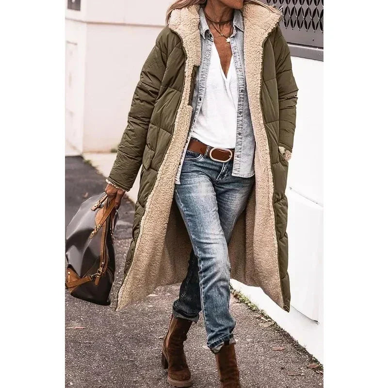 Women's long quilted hooded coat with contrasting textured trim and side pockets