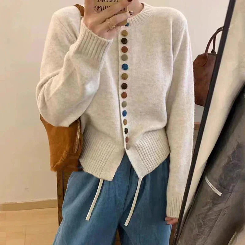 Women's long-sleeve button front cardigan with ribbed trims and multicoloured buttons
