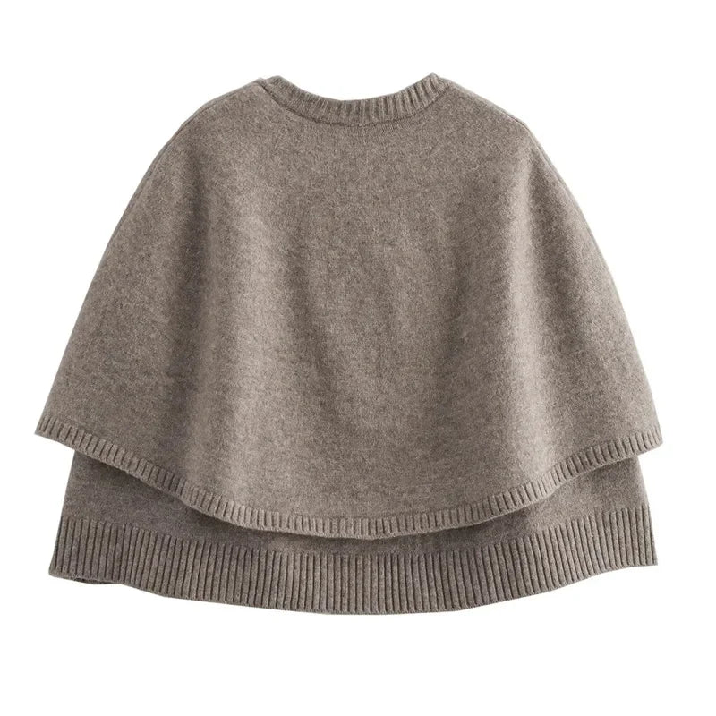 Women's khaki knitted cape cardigan with button front and ribbed trims