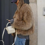 Women's brown shaggy textured jacket with long sleeves and open front