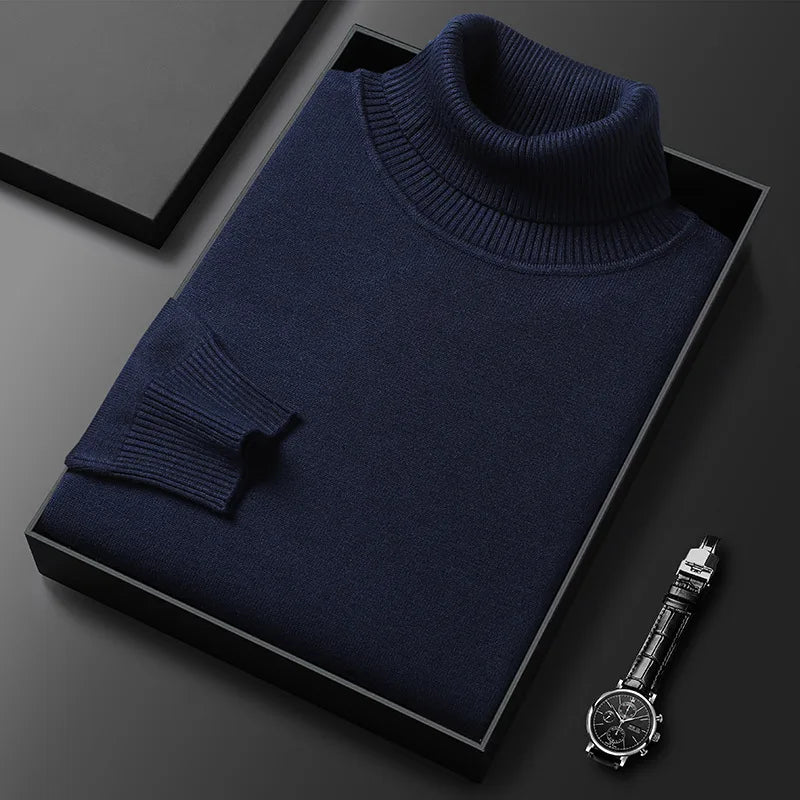 Men's plain ribbed turtleneck sweater folded in a presentation box